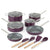 Purple cookware set with lids and utensils on a white background