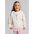 A young girl with blonde hair and pink hair clips is smiling while wearing a cream-colored sweatshirt with a ballerina graphic, a light pink tutu skirt, and pink tights, set against a plain light gray background.