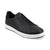 A black slip-on sneaker with a textured pebbled leather upper, black elastic strap, and a thick white sole, shown from a three-quarters angle on a white background.
