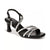 A black leather slingback sandal with a block heel, featuring three double straps across the foot adorned with sparkling silver rhinestones, shown against a plain white background.