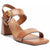 A tan leather block-heel sandal with a square toe, double straps, and a decorative buckle on the ankle strap, shown on a white background.