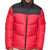 Red and black puffer jacket worn by a person on a white background