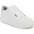 A white low-top platform sneaker with white laces, a thick white sole, and a small brown accent tab on the side, shown against a plain white background.