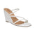 A white wedge sandal with thin crisscrossing straps and a square toe, shown from a three-quarters angle on a white background. The insole features the brand name 'INC' in brown.
