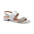 A single women's flat sandal in metallic silver, featuring a low block heel, a single strap with a buckle, and two slim rhinestone-embellished straps across the toes, shown on a plain white background.
