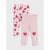 A pair of children's leggings shown flat against a light gray background. One legging has an allover pattern of pink and magenta hearts on a cream base, and the other is solid light pink with two larger magenta heart graphics on the lower legs.