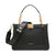 A black leather top-handle handbag by Karl Lagerfeld with a detachable shoulder strap, gold-tone hardware, and a front flap closure, shown on a plain white background.