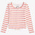 A long-sleeve scoop-neck top by Paige Thiermann featuring horizontal stripes in orange, pink, and yellow on a white base, displayed flat against a light gray background.