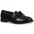 Black patent leather loafer with a strap on a white background