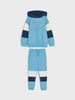 Blue tracksuit with white and navy accents on a light gray background