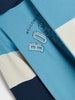 Close-up of a blue and white striped fabric with 'WELCOME TO BOSS' text.