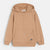 A light brown zip-up hoodie with a drawstring hood, front pockets, and ribbed cuffs and hem, shown against a light gray background.