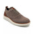 A single brown knit lace-up sneaker with a thick white sole and brown leather heel accent, shown on a white background.