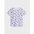 A white short-sleeve crewneck t-shirt with an all-over blue sketch-style print, displayed flat against a light gray background.