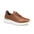 A brown leather sneaker with a textured perforated upper, matching brown laces, and a thick white sole, shown from a side profile on a white background.