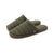 A pair of olive green quilted slide slippers with brown textured soles, shown on a clean white background.