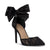 A black lace high-heeled pump with a large bow on the ankle, a pointed toe, and a slim stiletto heel, shown against a plain white background.