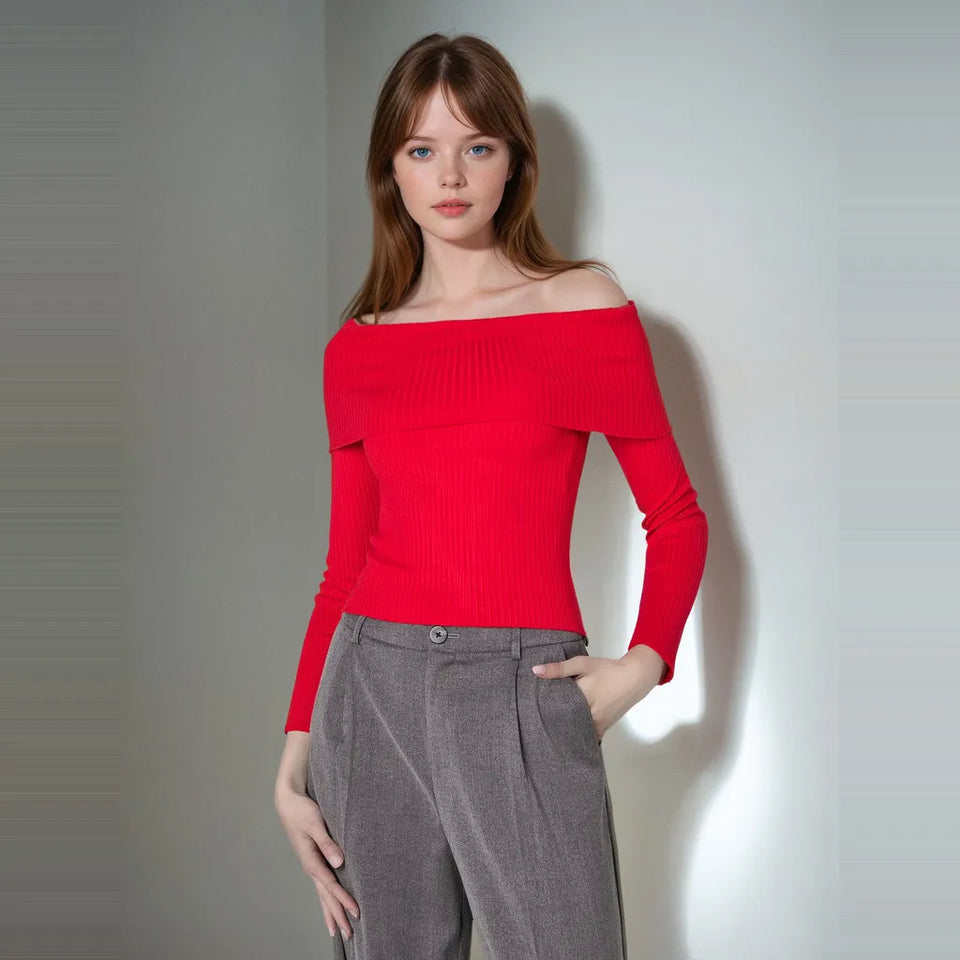 Sinsay Women's Bright Red Off-Shoulder Ribbed Blouse