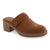 A single brown suede clog-style mule shoe with a chunky block heel and a wide strap featuring a small debossed logo, shown against a plain white background.