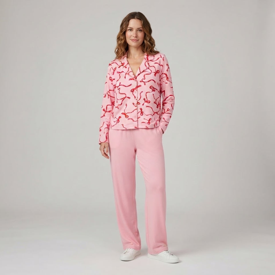 Sincerely Jules Women's Pink Bow Print Long-Sleeves Pajama Top