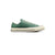 A single low-top canvas sneaker in a muted green colorway, featuring off-white laces, a white rubber toe cap, and a thick off-white midsole with a black stripe, shown against a plain white background.