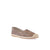 A single slip-on espadrille flat shoe with a brown and beige textured reptile-patterned upper, a beige woven jute toe cap, and a braided white rope trim along the edge of the sole, shown against a plain white background.