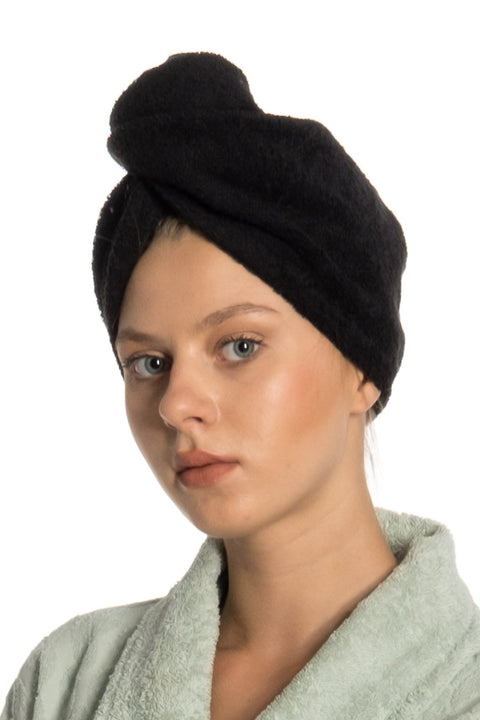 SD Home Flat Black Buttoned Towel Hair Drying Cap TR22(od7)(lr91)