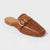 Brown woven sandal with a gold buckle on a light gray background