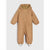 A tan hooded one-piece snowsuit with an all-over tonal teddy bear applique pattern, shown flat against a light gray background.