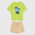 A two-piece kids' outfit set featuring a bright lime green short-sleeve t-shirt with a 'SURF DAY' graphic print, paired with beige shorts patterned with small palm tree silhouettes and a lime green drawstring.