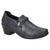 A single women's slip-on shoe in dark navy blue faux leather, featuring a braided strap detail with a silver-tone decorative button on the side and a low block heel, shown against a plain white background.