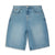 Light blue denim shorts with a high waist, front button closure, belt loops, and classic five-pocket design, shown flat on a white background.