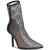 A single high-heeled ankle boot with a black stiletto heel and a pointed toe, covered in a black mesh netting embellished with silver rhinestones and small silver studs, shown against a plain white background.