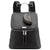 A black pebbled leather backpack with a top handle, dual front zipper pulls, and a matching black monogram key pouch hanging from the zipper, shown on a plain white background.