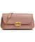 Pink handbag with a gold chain and clasp on a white background