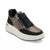 A low-top platform sneaker featuring a textured metallic rose gold upper, black suede overlays, black laces, a black side zipper with a silver metal pull, and a thick cream-colored platform sole.