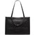 A black leather Karl Lagerfeld tote bag with a black chain strap and embossed logo on the front, set against a plain white background.
