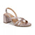 A metallic rose gold slingback sandal with a textured crocodile pattern, featuring criss-crossing straps, a block heel, and a tan insole, shown against a plain white background.