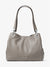 Gray handbag with a visible brand logo on a white background