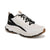 A white and black athletic sneaker with a chunky white midsole, black laces, and a brown outsole, shown from a three-quarters angle on a white background.