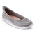 A single women's slip-on walking shoe in gray textured fabric with a white sole, shown from a three-quarters angle on a white background.
