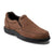 Brown slip-on shoe with black sole on a white background