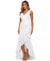 Woman wearing a white one-shoulder dress on a white background