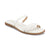 A single white flat sandal with two thin straps and a tan sole, shown from a three-quarters angle on a white background.