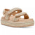 A platform sandal featuring beige woven straps embellished with gold rhinestones and metallic studs, set against a plain white background.