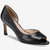 Black open-toe high heel shoe on a white background