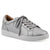 A metallic silver leather low-top sneaker with perforated details on the sides, matching silver laces, and a white rubber sole, shown against a plain white background.