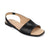 A black leather slingback flat sandal with a square toe and beige insole, shown from a three-quarters angle on a white background.