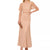 A woman modeling a peach-colored maxi dress with sheer flutter sleeves and delicate floral embroidery, holding a small brown clutch against a plain white background.