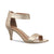 A single metallic champagne gold heeled sandal with an ankle strap and open toe, shown from a side profile on a white background.